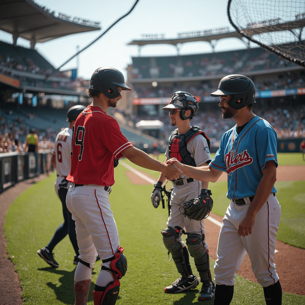 경기 전 악수를 나누는 야구 선수들과 포수의 스포츠맨십 장면