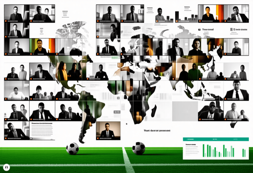 세계 지도 위에서 화상 회의 중인 인물들이 연결된 글로벌 스포츠 네트워크
