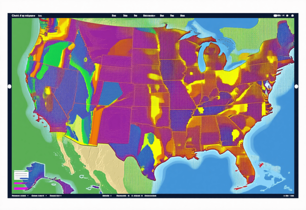 다양한 색상으로 구분된 미국 지리 데이터 분석 지도