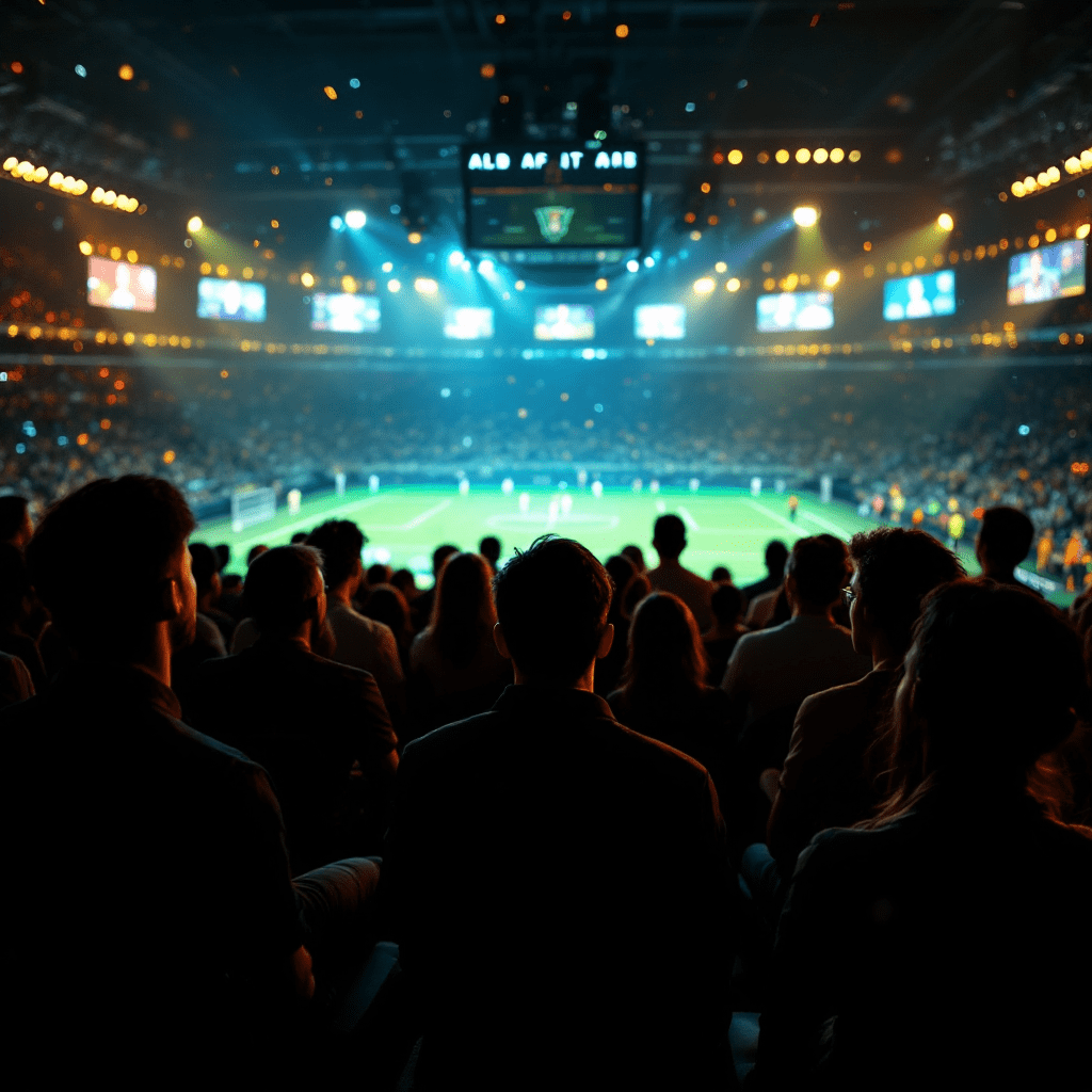 실내 경기장에서 경기를 관람하는 관중들의 열띤 응원 장면