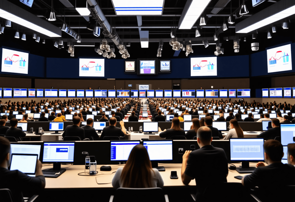 수많은 모니터와 참가자들이 있는 대규모 데이터 관제 센터