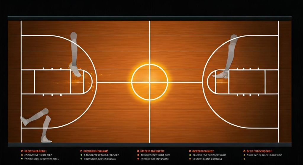 농구 코트 위에 선수 실루엣이 표시된 전술 분석 화면, 중앙의 빛나는 서클과 함께 다양한 게임 통계 정보가 하단에 표시됨