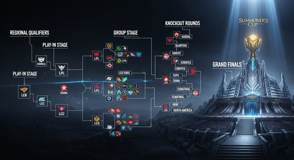 소환사의 컵 토너먼트 대진표 - 지역 예선부터 그룹 스테이지, 녹아웃 라운드를 거쳐 그랜드 파이널까지의 e스포츠 대회 구조도, 배경에 트로피와 경기장이 보임
