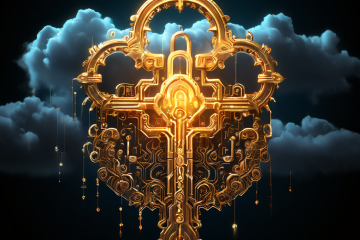 디지털 링크로 빚어진 빛나는 복잡한 열쇠가 그림자 같은 사이버 위협으로부터 요새 같은 클라우드 금고를 적극적으로 방어하는 모습입니다.