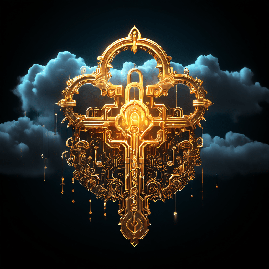 디지털 링크로 빚어진 빛나는 복잡한 열쇠가 그림자 같은 사이버 위협으로부터 요새 같은 클라우드 금고를 적극적으로 방어하는 모습입니다.