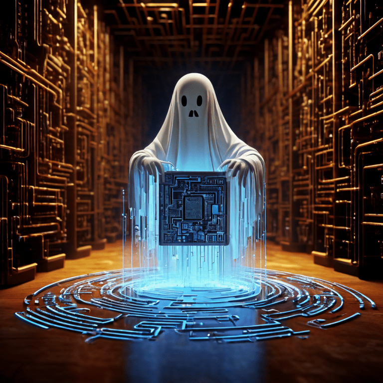 회색 회로 미로 속에서 휴지통의 디지털 파일이 사라지고 흰색 유령 데이터로 재구성되는 모습이다.