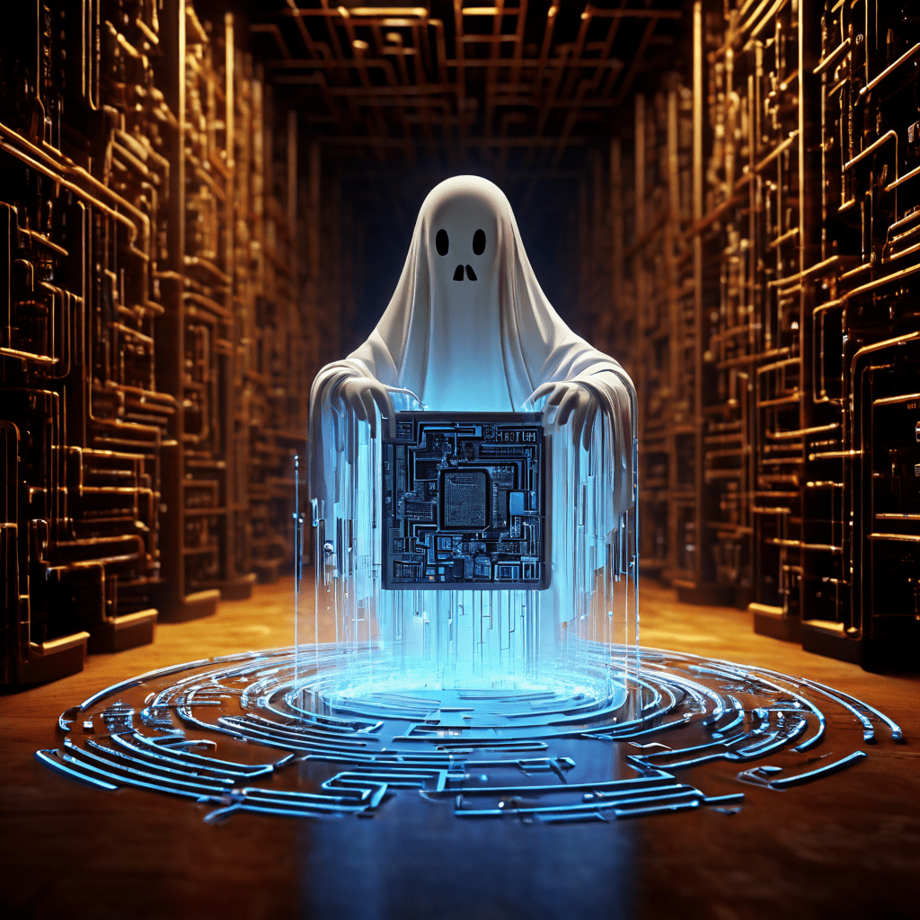 회색 회로 미로 속에서 휴지통의 디지털 파일이 사라지고 흰색 유령 데이터로 재구성되는 모습이다.