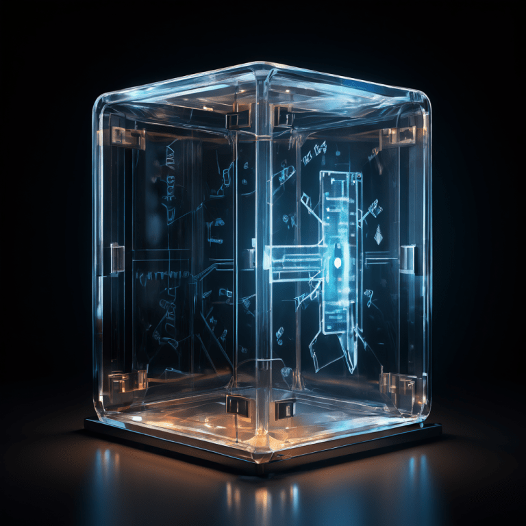 투명한 금고에 빛나는 비밀번호가 보관되어 있으며 겉보기에는 무적인 표면에 가느다란 균열이 하나 나 있습니다.