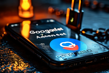 빛나는 자물쇠 아이콘이 있는 분실된 휴대폰 위로, 거대한 디지털 열쇠가 위협적으로 떠 있는 모습이다.