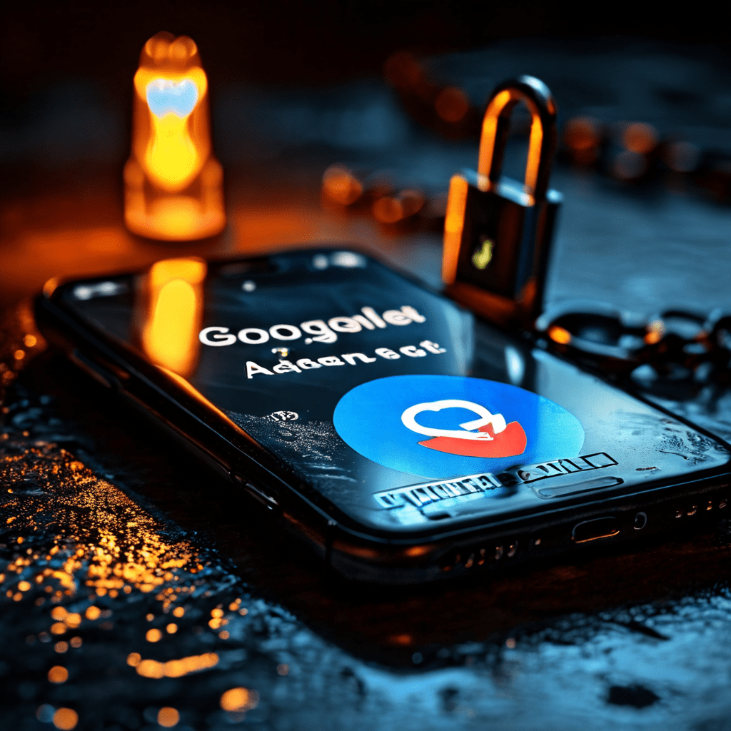 빛나는 자물쇠 아이콘이 있는 분실된 휴대폰 위로, 거대한 디지털 열쇠가 위협적으로 떠 있는 모습이다.