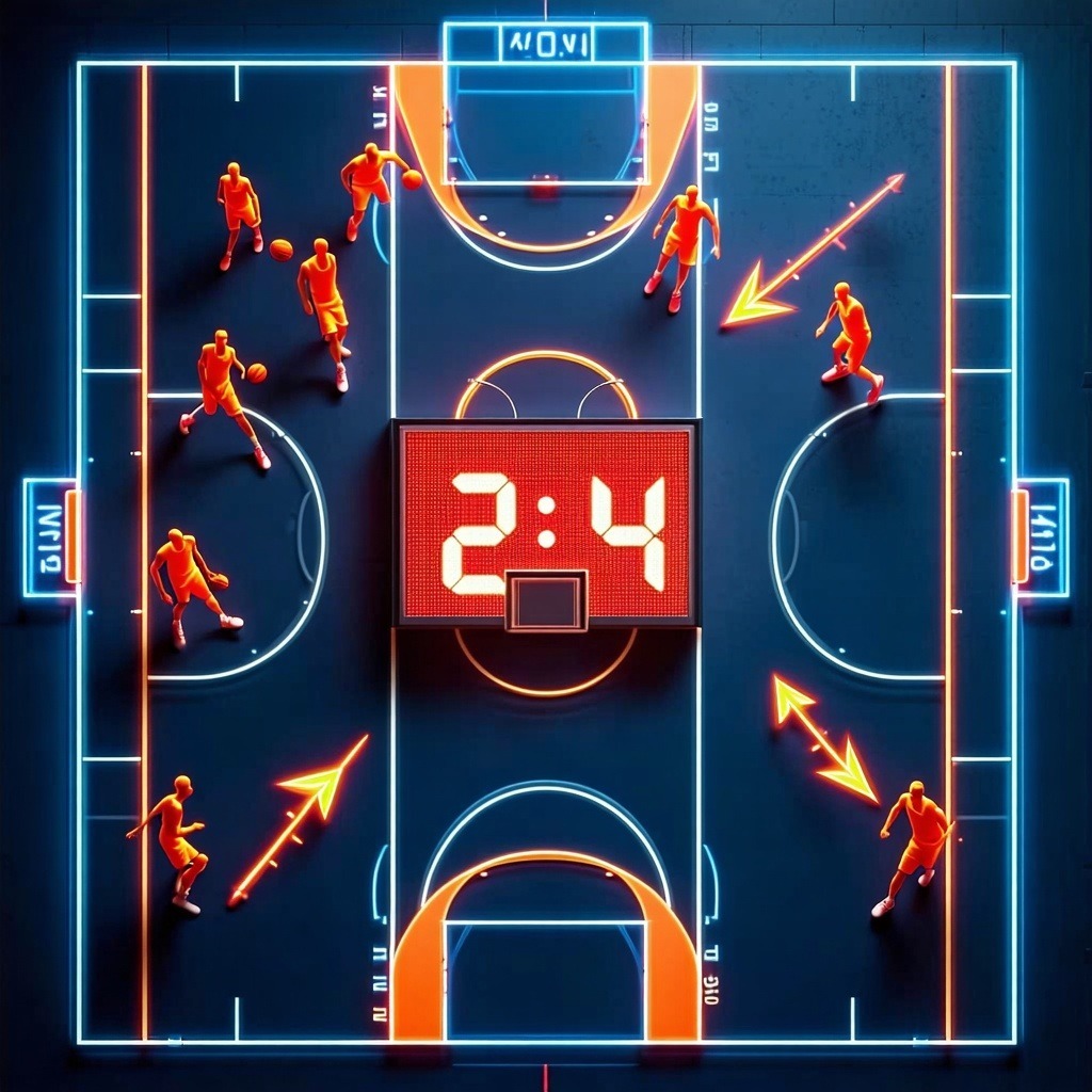 네온 불빛이 빛나는 농구 코트에서 2대 4 스코어가 표시된 가운데 선수들의 움직임과 패스 방향을 나타내는 화살표가 있는 전술 다이어그램