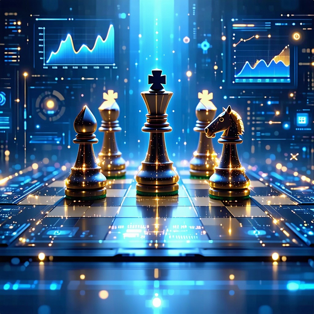 디지털 분석 그래프와 함께 체스 말들이 빛나는 미래형 체스 전략 시각화 이미지