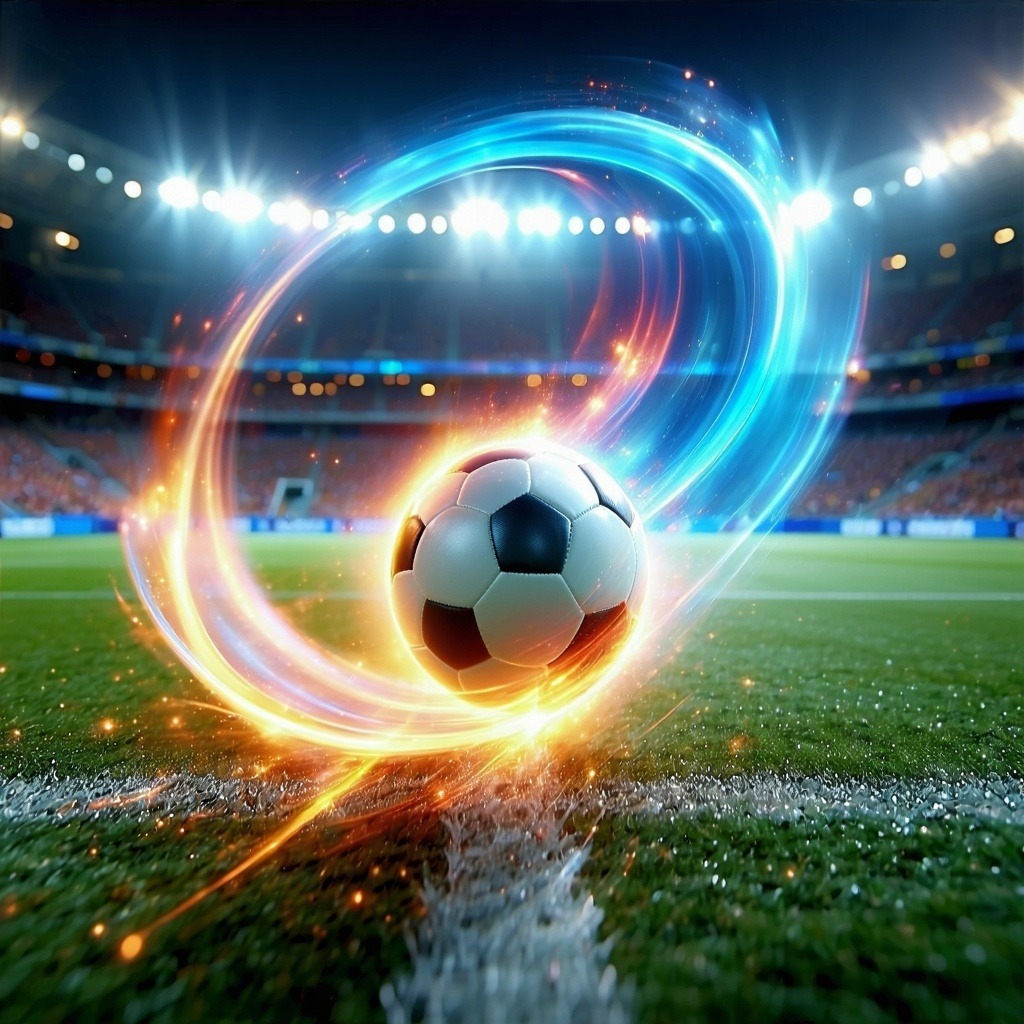 축구공이 강한 회전 효과를 내며 잔디 위를 스쳐 지나가는 생동감 있는 순간을 포착한 이미지