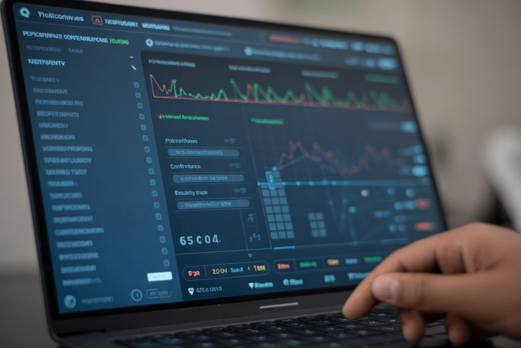 노트북 화면의 실시간 경기 기록 및 통계 분석 화면