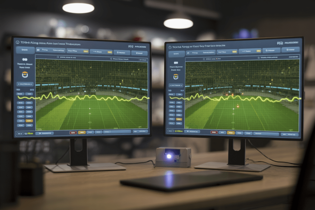 두 개의 모니터에서 경기 데이터를 실시간 분석하는 장면