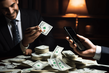 휴대폰 화면에서 손이 자동결제 해지 버튼을 누르는 동안, 뒷배경에서는 어두운 실루엣의 회사 관계자가 넘쳐나는 돈을 기쁨에 겨워 세고 있다.