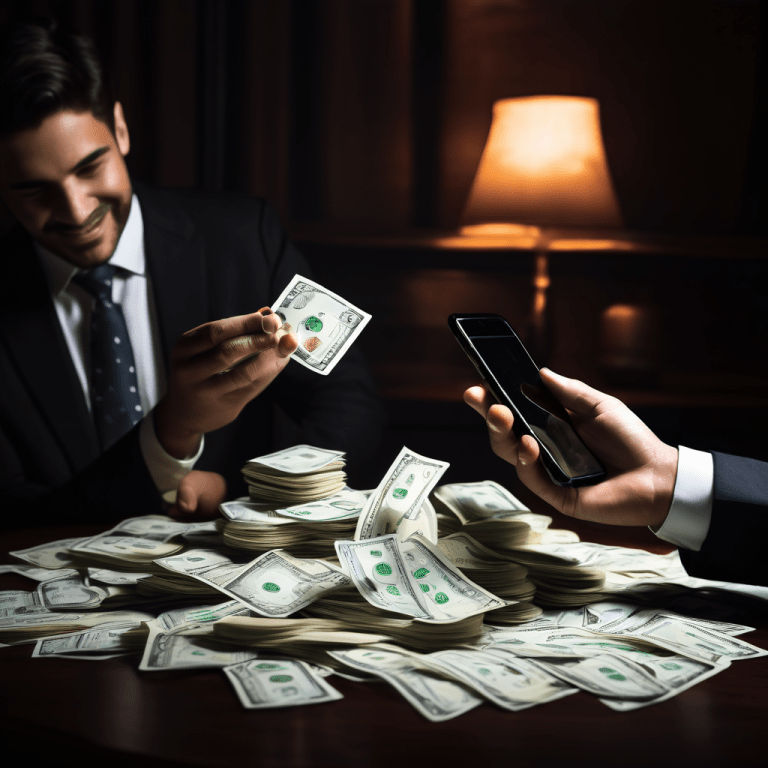휴대폰 화면에서 손이 자동결제 해지 버튼을 누르는 동안, 뒷배경에서는 어두운 실루엣의 회사 관계자가 넘쳐나는 돈을 기쁨에 겨워 세고 있다.