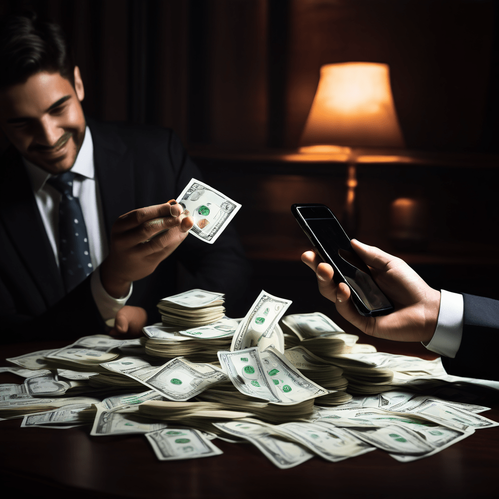 휴대폰 화면에서 손이 자동결제 해지 버튼을 누르는 동안, 뒷배경에서는 어두운 실루엣의 회사 관계자가 넘쳐나는 돈을 기쁨에 겨워 세고 있다.
