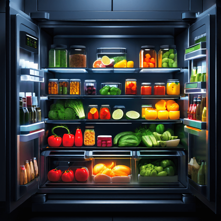 스마트 냉장고 내부에 신선한 채소와 과일이 라벨이 부착된 정돈된 용기에 보관되어 있으며, 식품 관리 정보를 보여주는 디지털 인터페이스가 화면에 표시되어 있습니다.