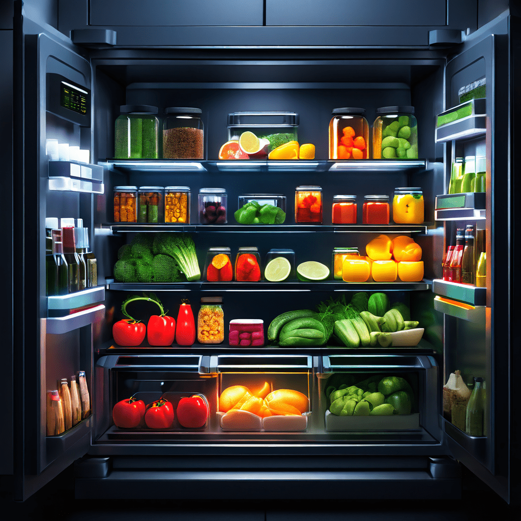 스마트 냉장고 내부에 신선한 채소와 과일이 라벨이 부착된 정돈된 용기에 보관되어 있으며, 식품 관리 정보를 보여주는 디지털 인터페이스가 화면에 표시되어 있습니다.