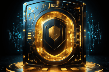 빛나는 푸른색 가상 신용카드가 사이버 공격 화살로부터 금화와 데이터가 가득한 금고를 보호하는 디지털 방패 역할을 하고 있습니다.