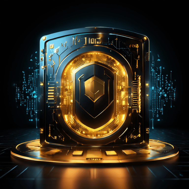 빛나는 푸른색 가상 신용카드가 사이버 공격 화살로부터 금화와 데이터가 가득한 금고를 보호하는 디지털 방패 역할을 하고 있습니다.