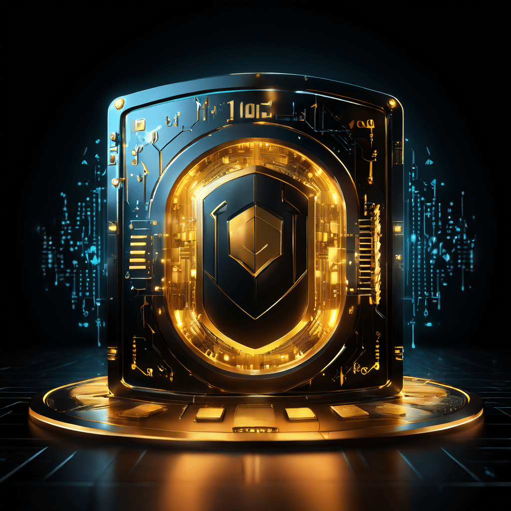 빛나는 푸른색 가상 신용카드가 사이버 공격 화살로부터 금화와 데이터가 가득한 금고를 보호하는 디지털 방패 역할을 하고 있습니다.