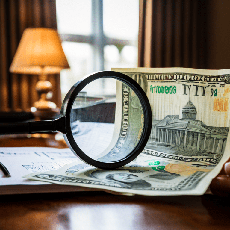 호텔 청구서에 숨겨진 추가 요금이 돋보기로 확대되며 광고된 객실 요금보다 훨씬 큰 총 비용이 드러나는 모습을 보여줍니다.