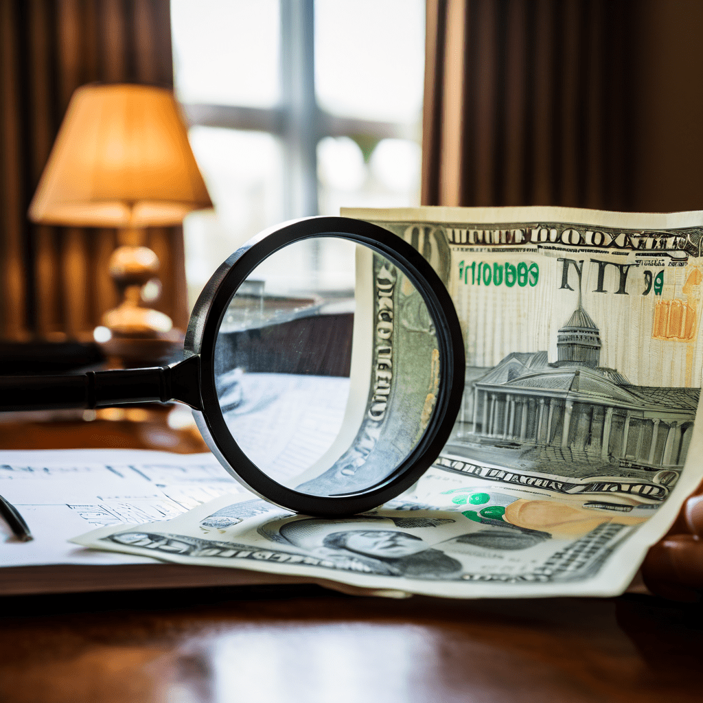 호텔 청구서에 숨겨진 추가 요금이 돋보기로 확대되며 광고된 객실 요금보다 훨씬 큰 총 비용이 드러나는 모습을 보여줍니다.