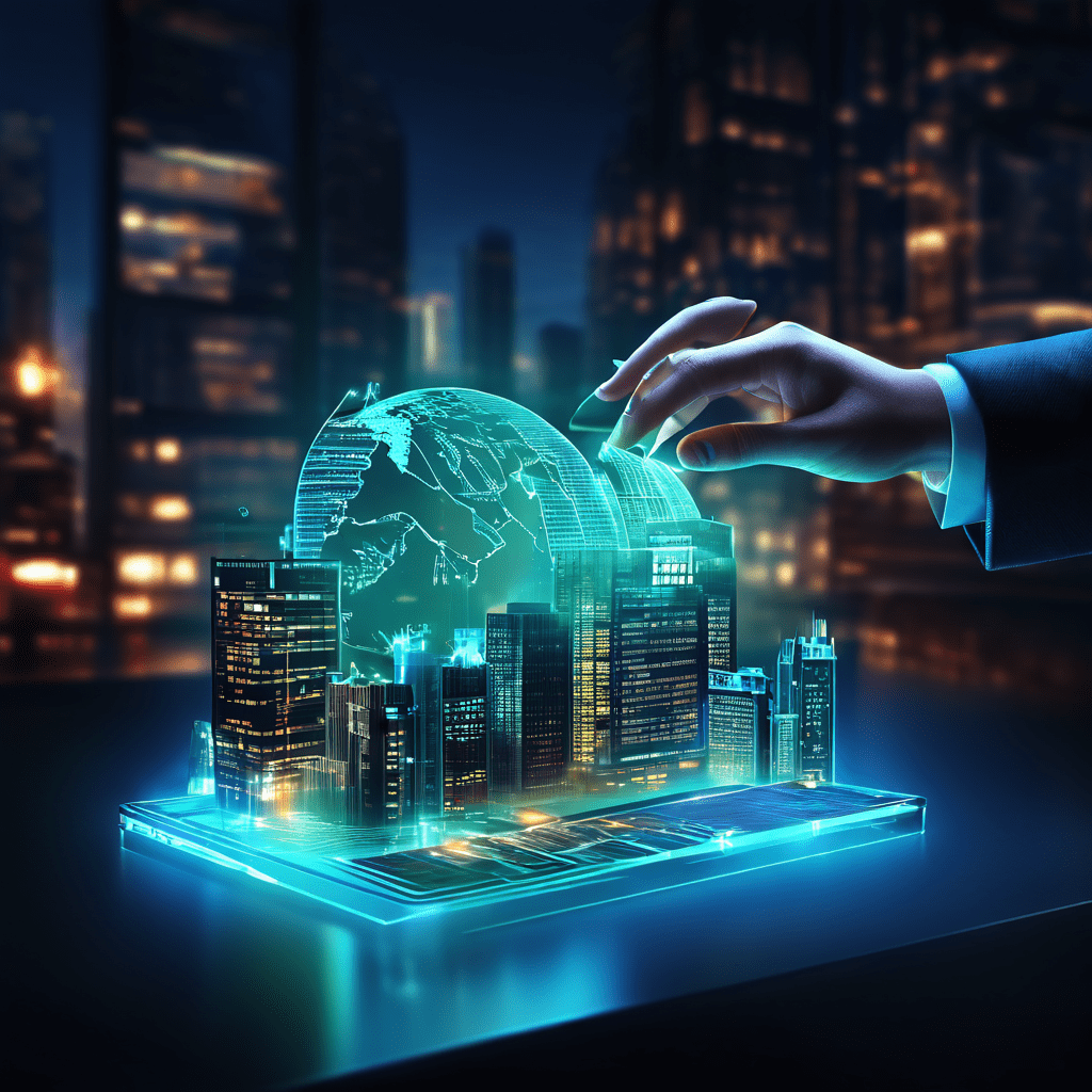 컴퓨터에서 나온 어두운 디지털 손이 빛나는 계좌 화면의 작은 도시를 훔치는 모습이다.