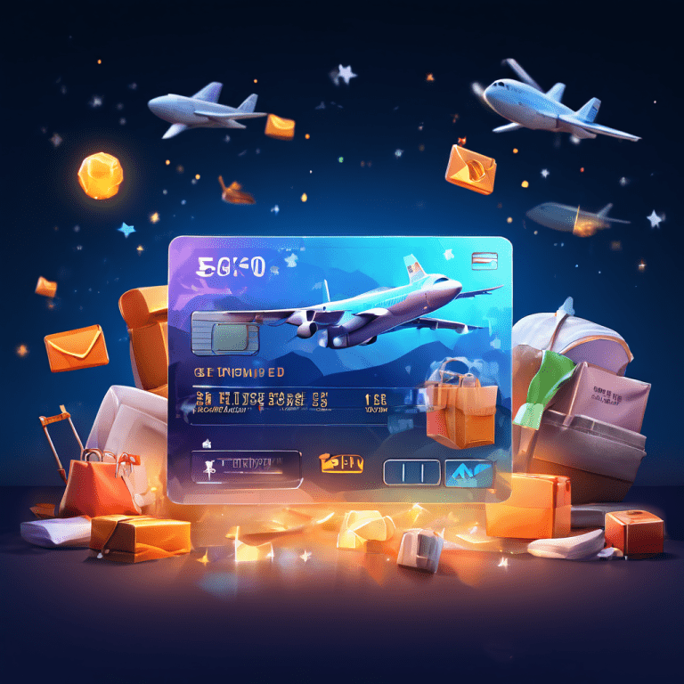 사용하지 않은 항공권 및 쇼핑 리워드 아이콘이 배경에 흐릿하게 배치된 상태에서 50% 진행률의 빛나는 프로그레스 바가 표시된 신용카드가 리워드 적립 절반을 달성했음을 시각적으로 보여줍니다.