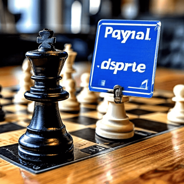 체스판 위에 '페이팔 분쟁'이라고 적힌 말이 전략적으로 이동하는 모습이며 배경에는 단순한 신고 버튼이 아닙니다.