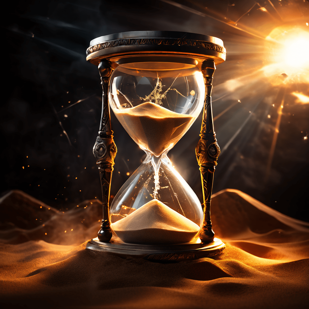 깨진 모래시계에서 중력을 거스르며 공중에 멈춘 모래가 흩어져 있고, 열 초를 가리킨 시계판이 갈라진 틈으로 빛이 뿜어져 나오는 모습이다.