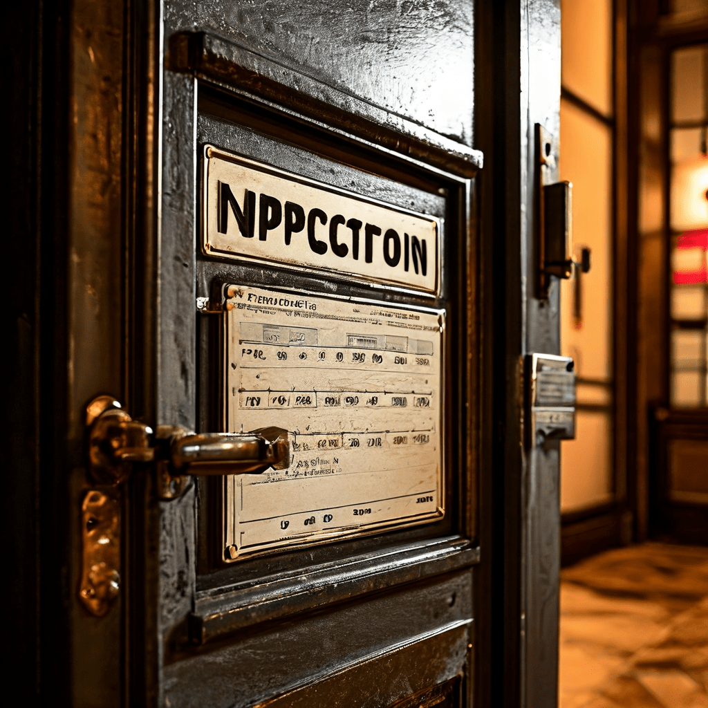 금속 은행 금고 문에 '점검'이라 적힌 달력이 붙어 있고, 창문에는 단순한 '폐쇄' 안내판이 걸려 있는 모습이다.