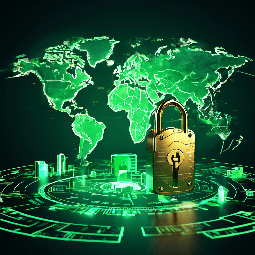 세계 지도 위에 놓인 신용카드를 자물쇠로 잠그고 그 위에 초록색 체크 표시 방패가 놓여 있는 모습이다.