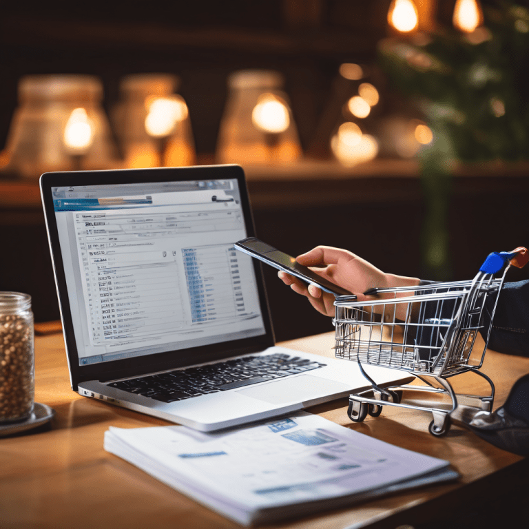 노트북으로 비용을 계산하는 사람의 뒷편에 커다란 온라인 쇼핑 카트와 쌓여가는 청구서 더미가 보여지는, 과소비와 재무 관리의 필요성을 시사하는 이미지입니다.