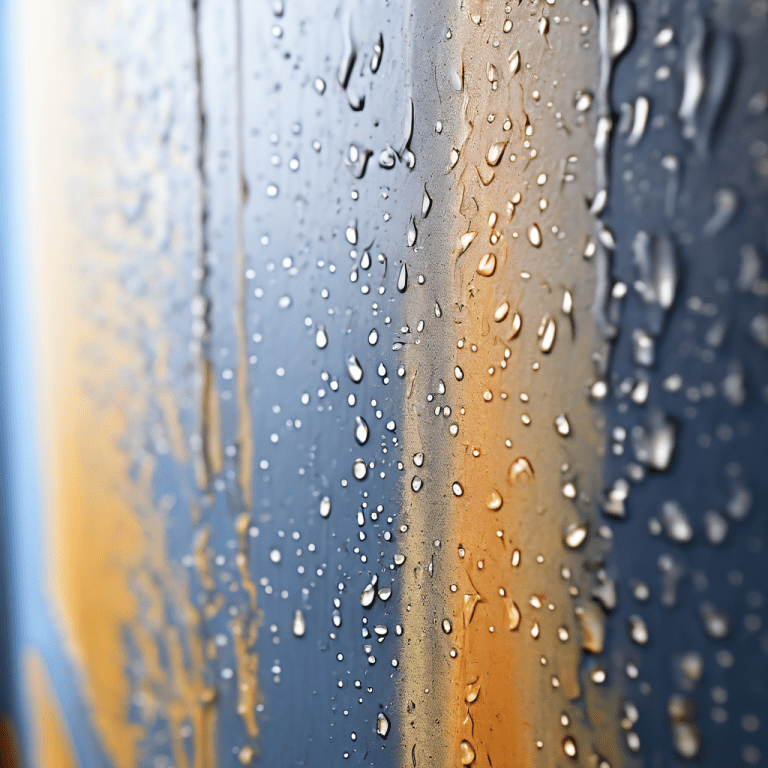 실내 습기와 결로로 인해 곰팡이가 핀 벽면의 오염된 부분과 건조하고 청결하게 관리된 부분이 대비를 이루며 실내 환경 관리의 중요성을 보여주는 이미지입니다.