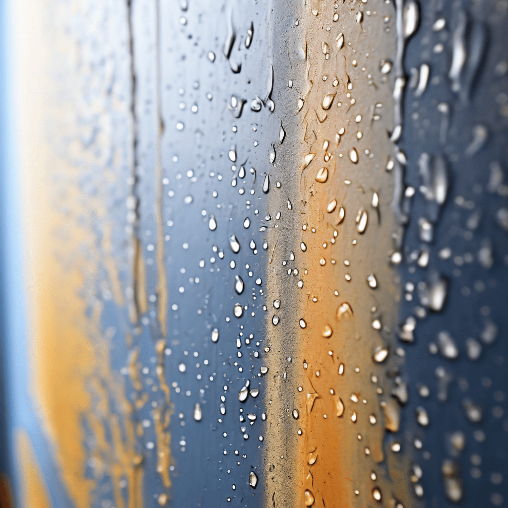 실내 습기와 결로로 인해 곰팡이가 핀 벽면의 오염된 부분과 건조하고 청결하게 관리된 부분이 대비를 이루며 실내 환경 관리의 중요성을 보여주는 이미지입니다.