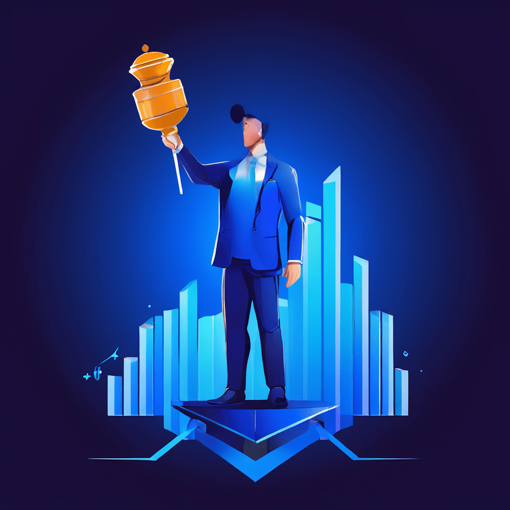 한 사람이 법망을 자신 있게 들고 상승하는 그래프 화살표 위에 서 있으며 배경에는 페이팔 로고가 있습니다.