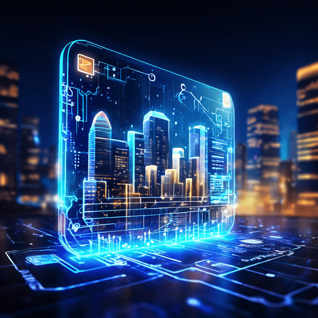 빛나는 가상 신용카드 모양의 방패가 디지털 도시를 보호하고 있으며, 그 표면에는 이진수와 쇼핑 아이콘이 튕겨 나가는 모습이다.