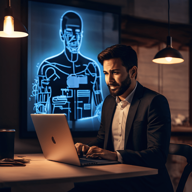 좌측의 좌절한 사람이 노트북으로 자동결제를 해지하는 동안, 뒷배경의 어두운 실루엣 회사 관계자가 복잡한 해지