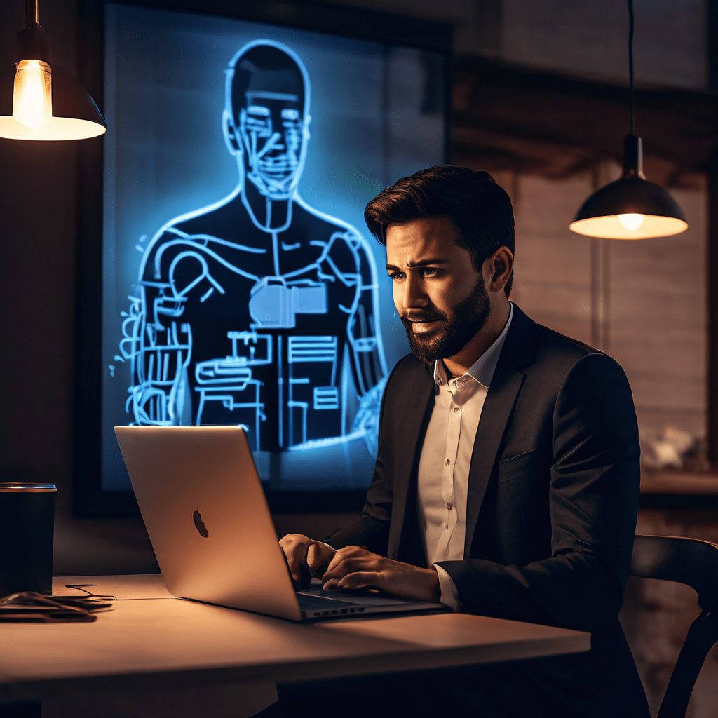 좌측의 좌절한 사람이 노트북으로 자동결제를 해지하는 동안, 뒷배경의 어두운 실루엣 회사 관계자가 복잡한 해지