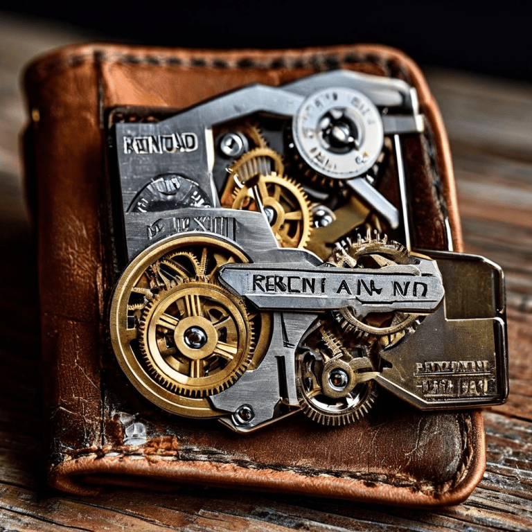 단순한 지갑 속 환불과 잔액이라 적힌 톱니바퀴가 얽혀 고장 난 복잡한 시계 태엽 장치의 모습이다.